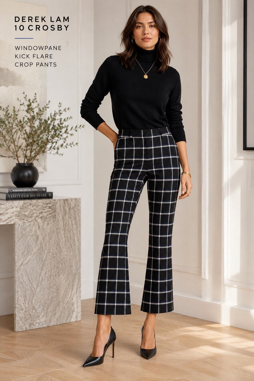 Quiet Luxury Preppy Plaid Kick Flare Derek Lam 10 Crosby Crop Pants Black Blue 2